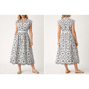 Zara Embroidered Eyelet Midi Dress S White Black Scalloped Hem Belted Fit Flare